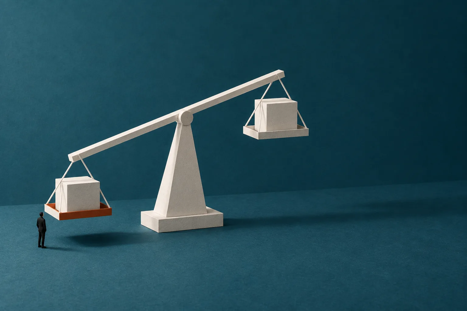 Бумажная сцена: весы с двумя одинаковыми блоками, чаша с потерей опущена заметно ниже, оператор смотрит на неё снизу