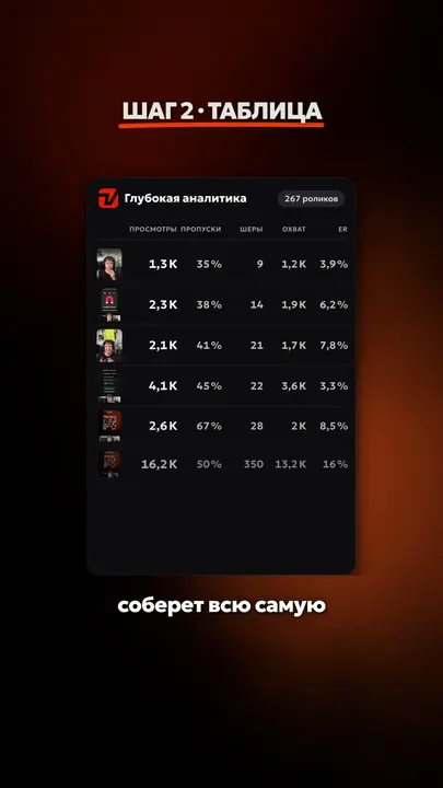 Кадр ролика: таблица аналитики роликов в Viralmaxing